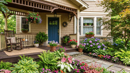 welcoming porch with a rocking chair and a blue door, surrounded by vibrant shade garden of blooming flowers and lush greenery.