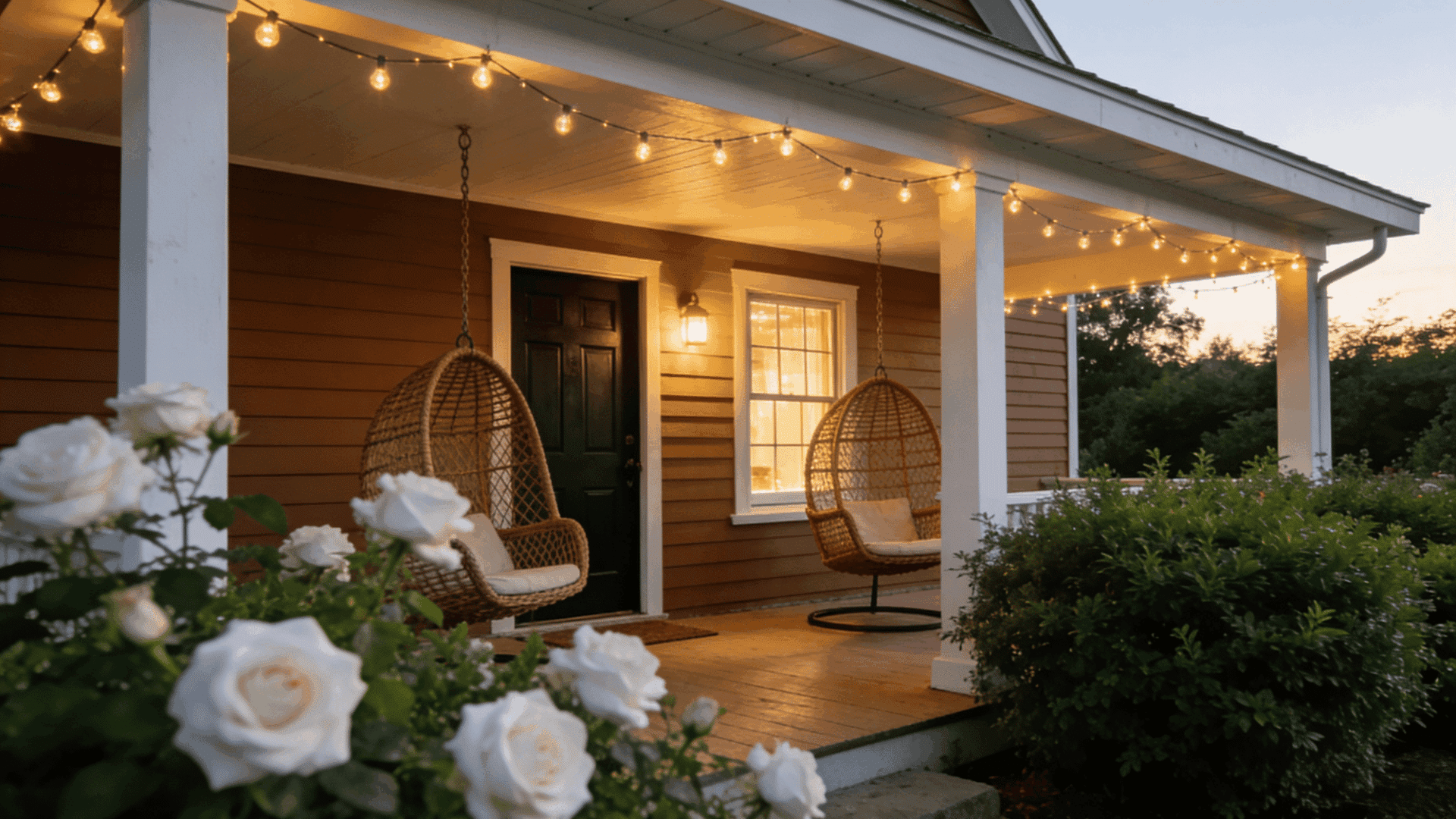 welcoming suburban porch with rocking chairs potted plants and a blue door in soft golden hour light