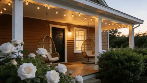 welcoming suburban porch with rocking chairs potted plants and a blue door in soft golden hour light