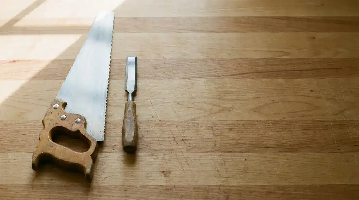 Wooden handled saw and chisel on light wood table under natural daylight