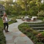Woman holding blueprints in landscaped garden with patio, surrounded by hydrangeas and trees