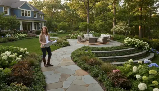 Woman holding blueprints in landscaped garden with patio, surrounded by hydrangeas and trees