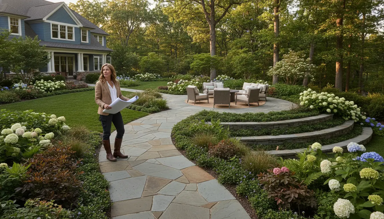 Woman holding blueprints in landscaped garden with patio, surrounded by hydrangeas and trees