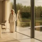 Woman in linen outfit standing by large glass doors overlooking manicured garden