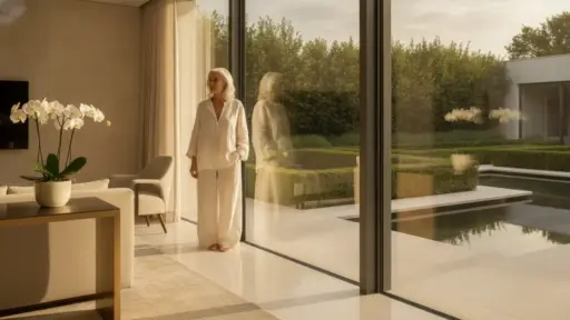 Woman in linen outfit standing by large glass doors overlooking manicured garden