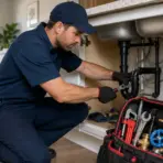 Plumber fixing pipes under kitchen sink with wrench in bright home setting
