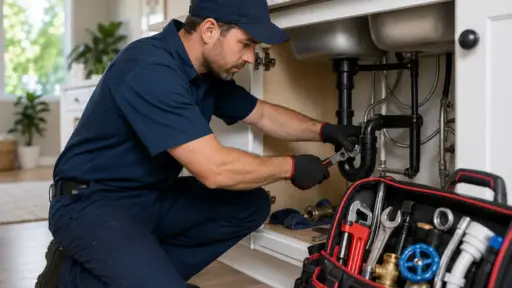 Plumber fixing pipes under kitchen sink with wrench in bright home setting