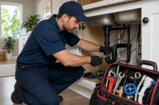 Plumber fixing pipes under kitchen sink with wrench in bright home setting