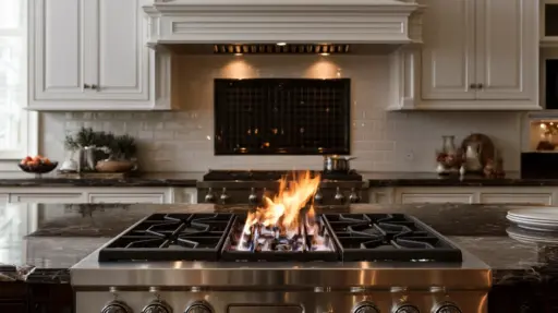 Gas flame on stainless steel stove in luxurious kitchen with marble countertop