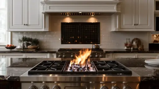 Gas flame on stainless steel stove in luxurious kitchen with marble countertop