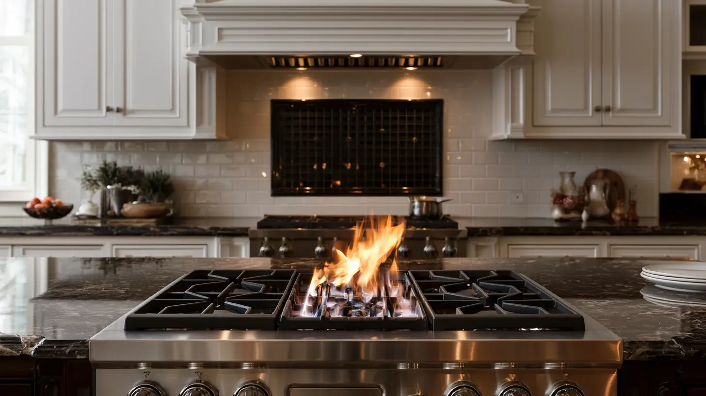Gas flame on stainless steel stove in luxurious kitchen with marble countertop