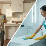 Two women cleaning; one mopping a kitchen, the other wiping a bathroom sink