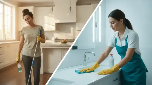 Two women cleaning; one mopping a kitchen, the other wiping a bathroom sink