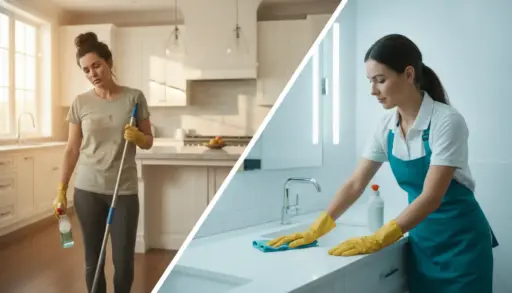 Two women cleaning; one mopping a kitchen, the other wiping a bathroom sink