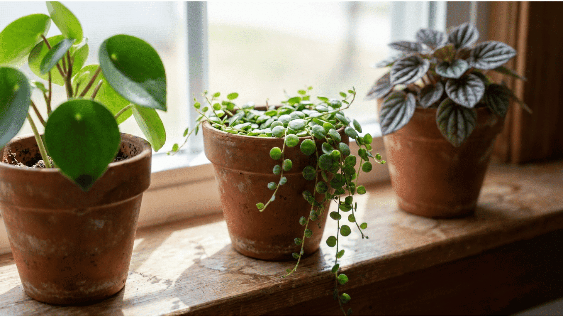 group of different peperomia plant types in terracotta pots lined up on a wooden shelf