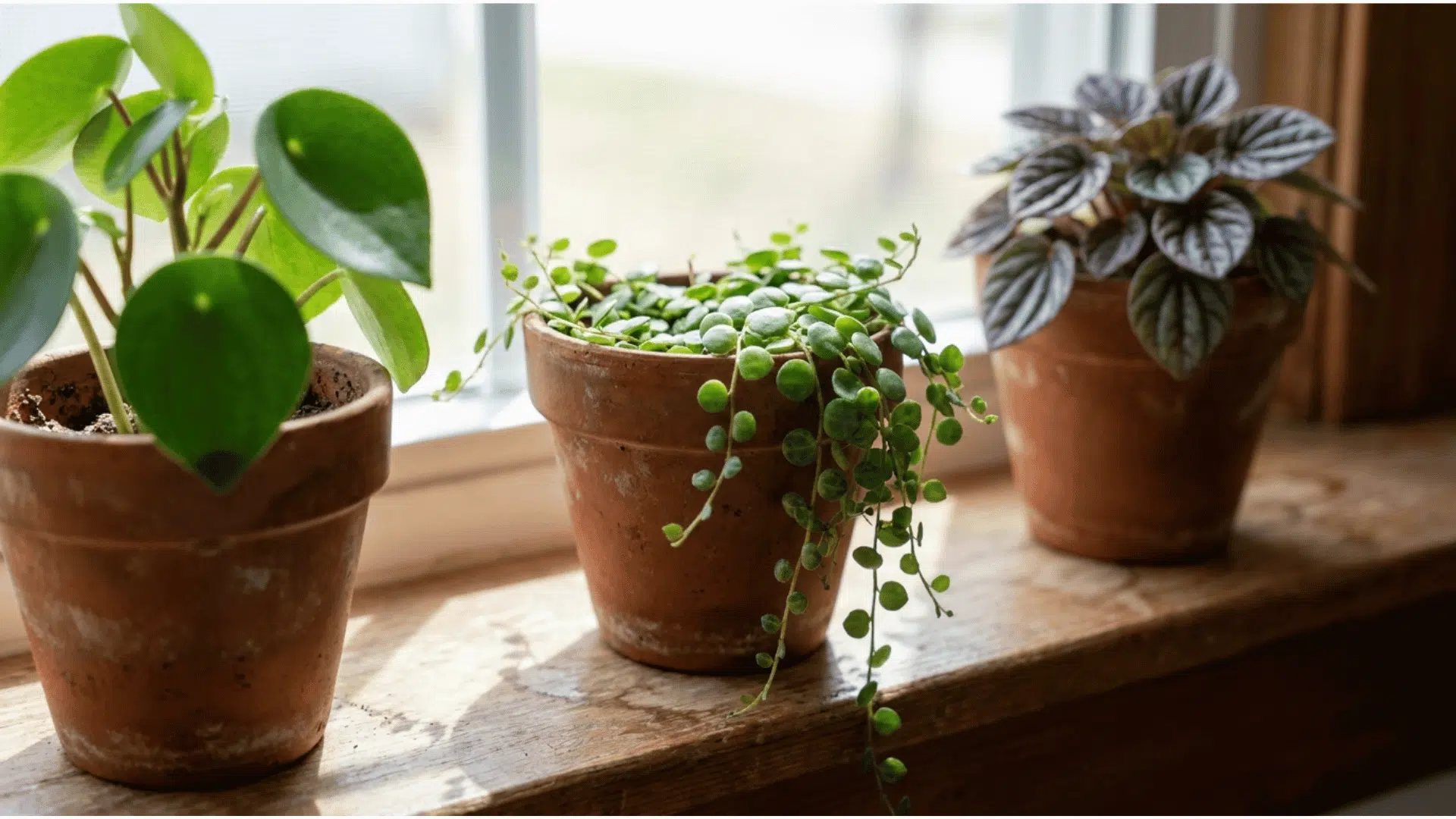 group of different peperomia plant types in terracotta pots lined up on a wooden shelf
