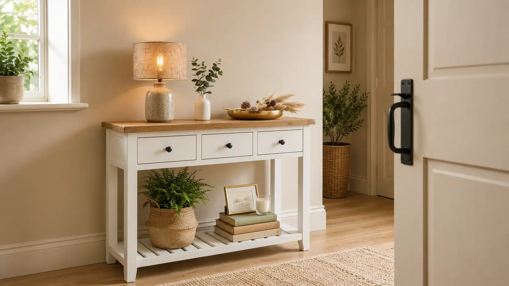 White and wood console table styled with a lamp, greenery, and decorative items in a neutral hallway next to an open cream door (1)
