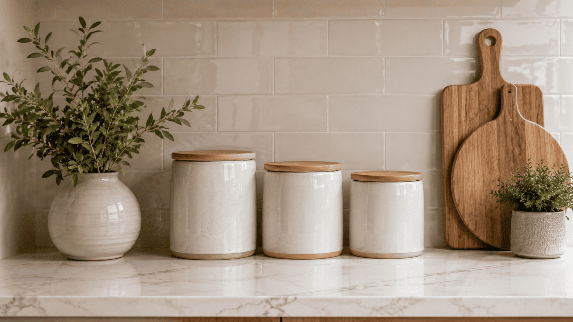 white ceramic kitchen canisters with wooden lids beside decorative cutting boards and greenery on countertop