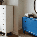 white chest of drawers beside blue dresser showing tall and wide bedroom storage options clearly