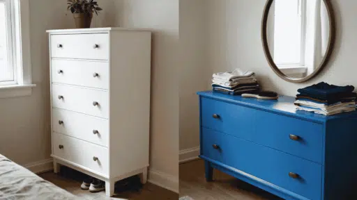 white chest of drawers beside blue dresser showing tall and wide bedroom storage options clearly