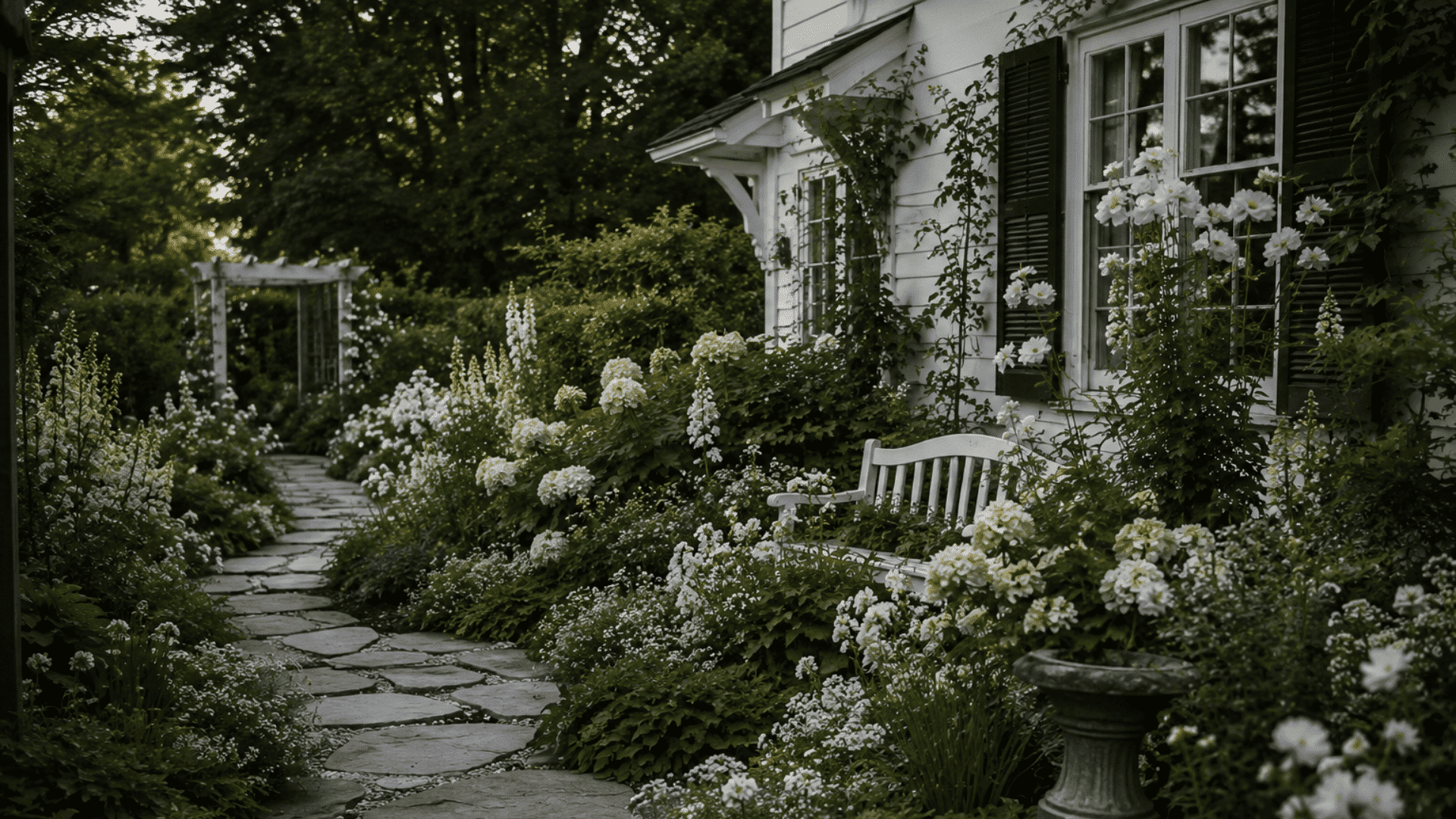 white cottage garden featuring white blooms soft foliage and stone pathways (1)