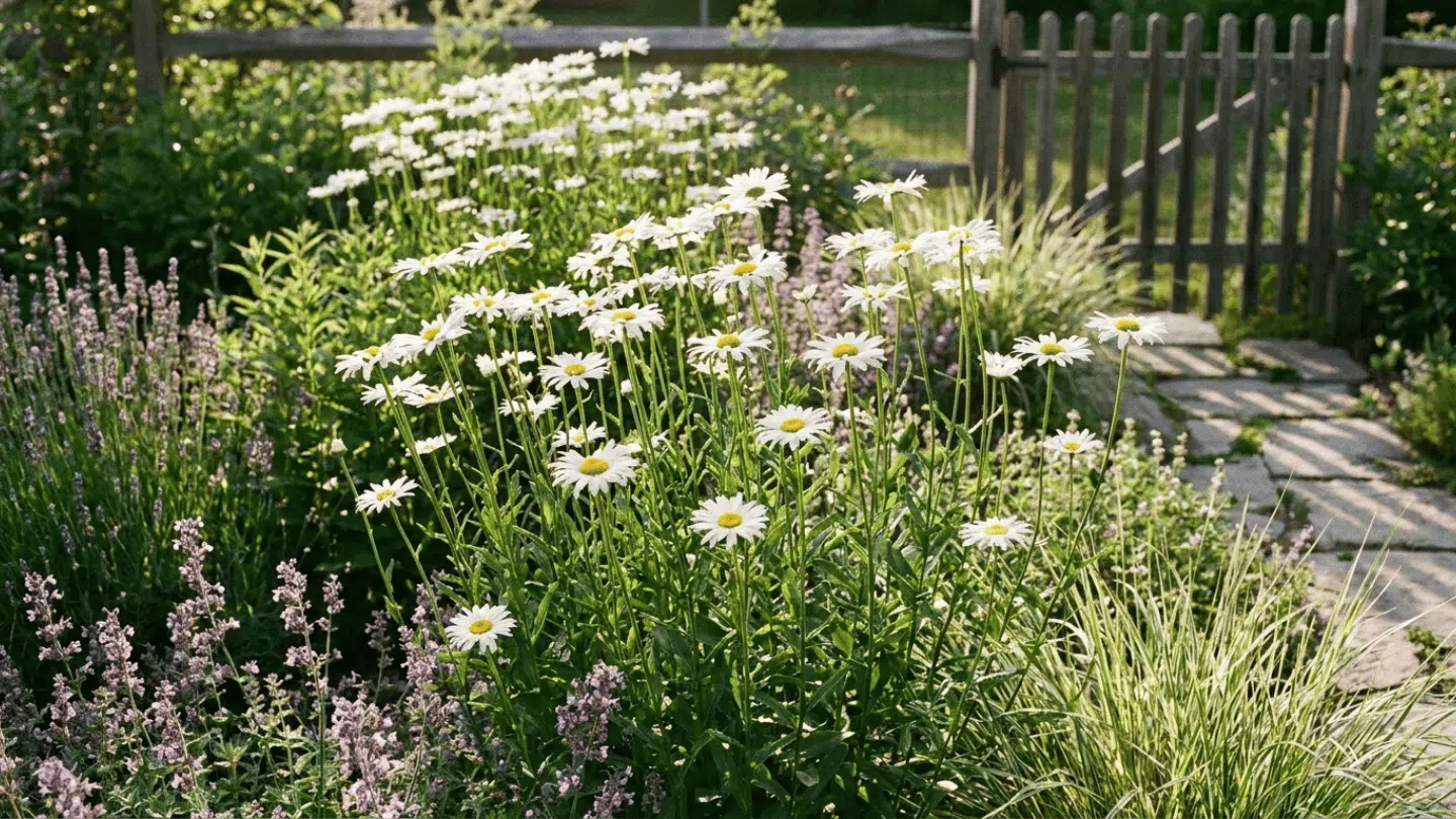 white daisies blooming beside a stone garden path with a wooden gate and soft sunlight in the background
