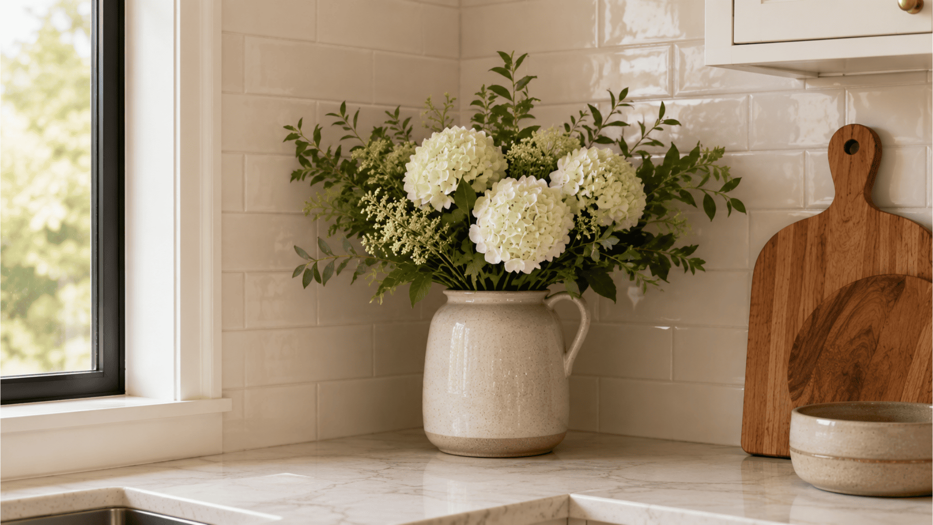 white hydrangea flowers arranged in a ceramic vase on a kitchen countertop beside wooden cutting boards and window light