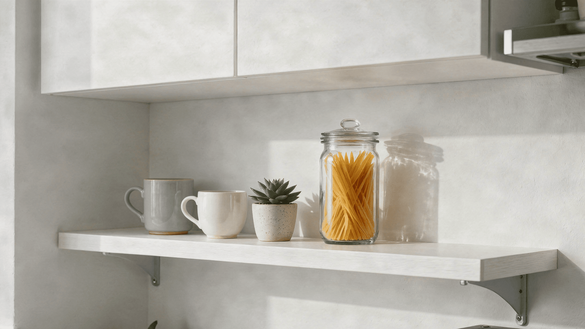 white oak open kitchen shelves with ceramic mugs glass jars stacked plates and a small succulent in natural light