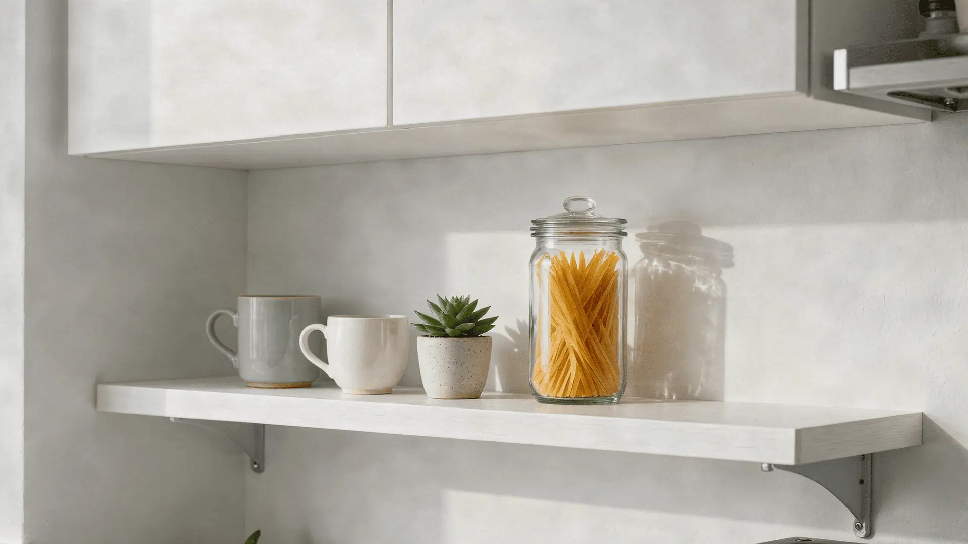 white oak open kitchen shelves with ceramic mugs glass jars stacked plates and a small succulent in natural light