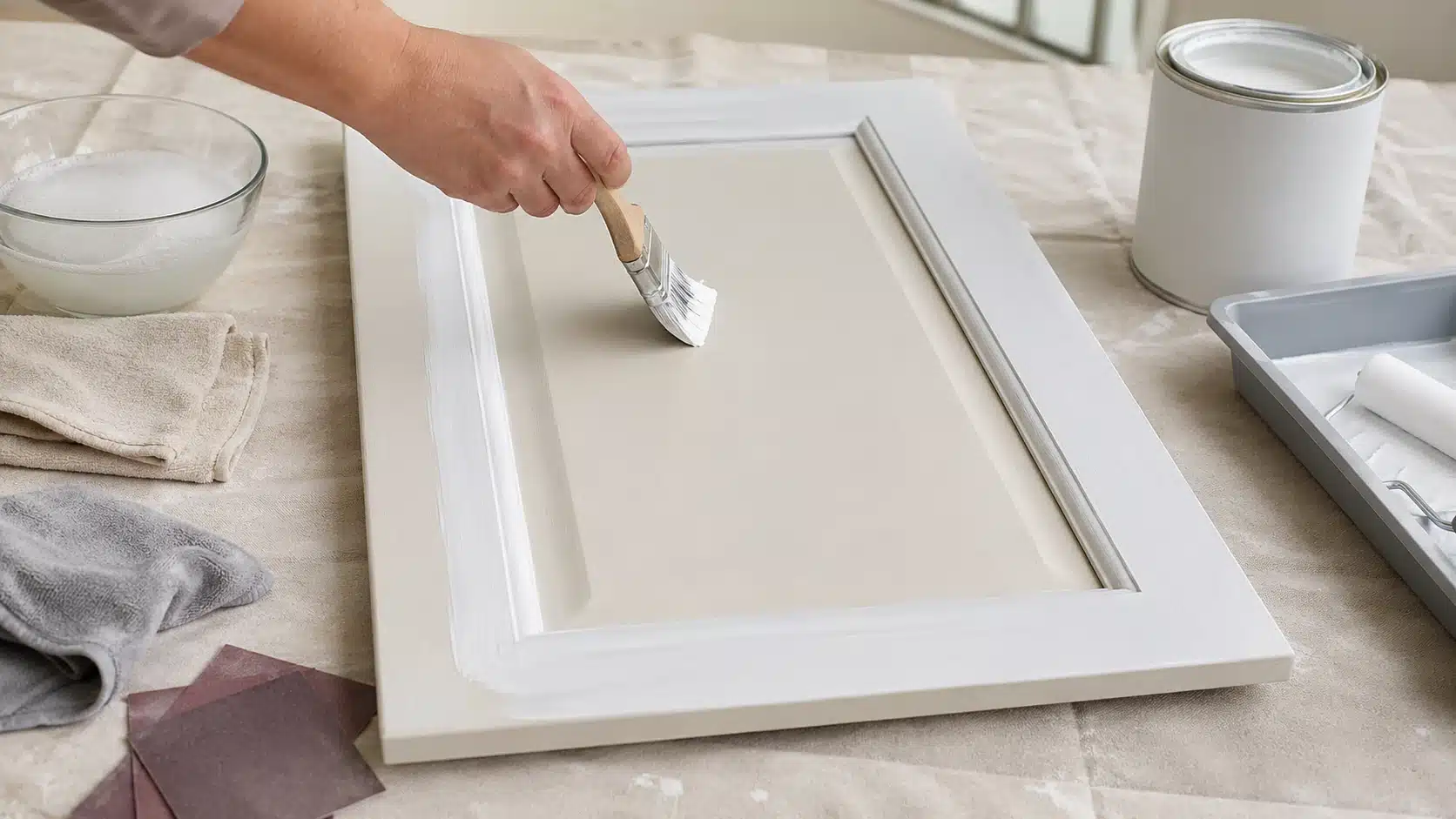 white primer being brushed onto a cabinet door before enamel paint with prep tools nearby