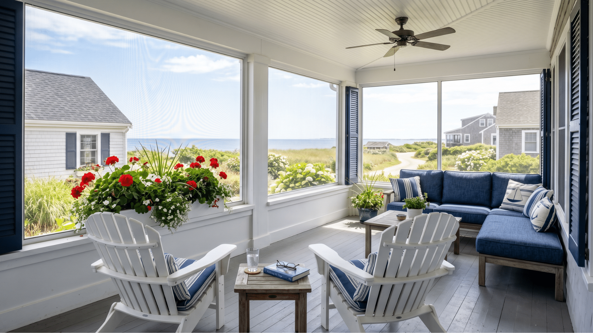 white shutters, navy accents, and adirondack chairs bring a simple, clean coastal feel