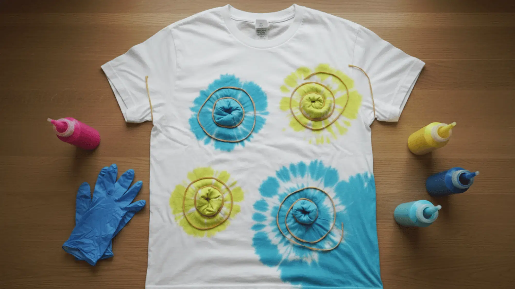 white t-shirt tied with rubber bands surrounded by colorful dye bottles and gloves