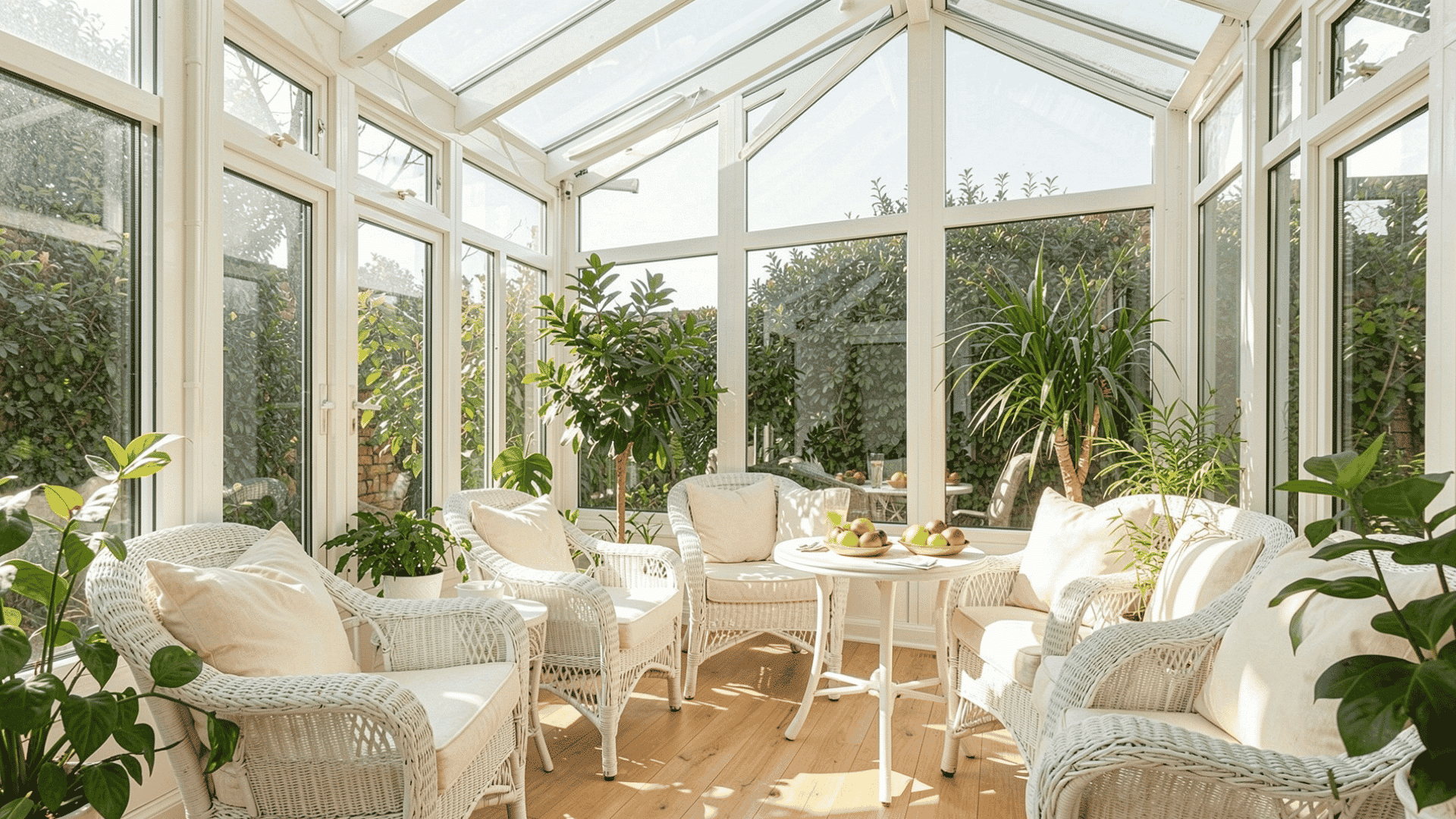 white wicker furniture lush green potted plants and cream cushions create a bright airy breakfast spot