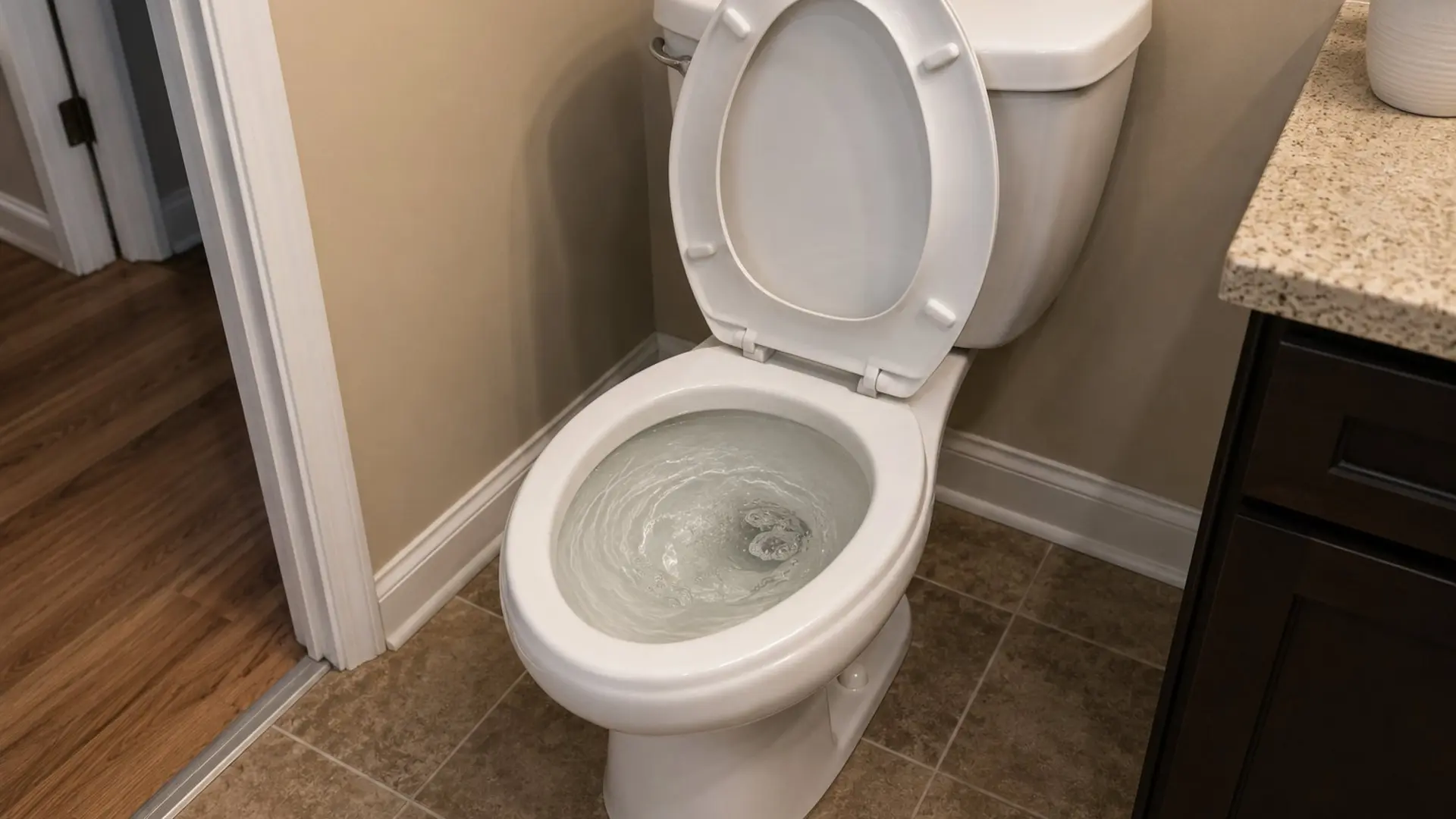white bathroom toilet with visible swirling water in the bowl beside a nearby laundry area inside a realistic suburban home