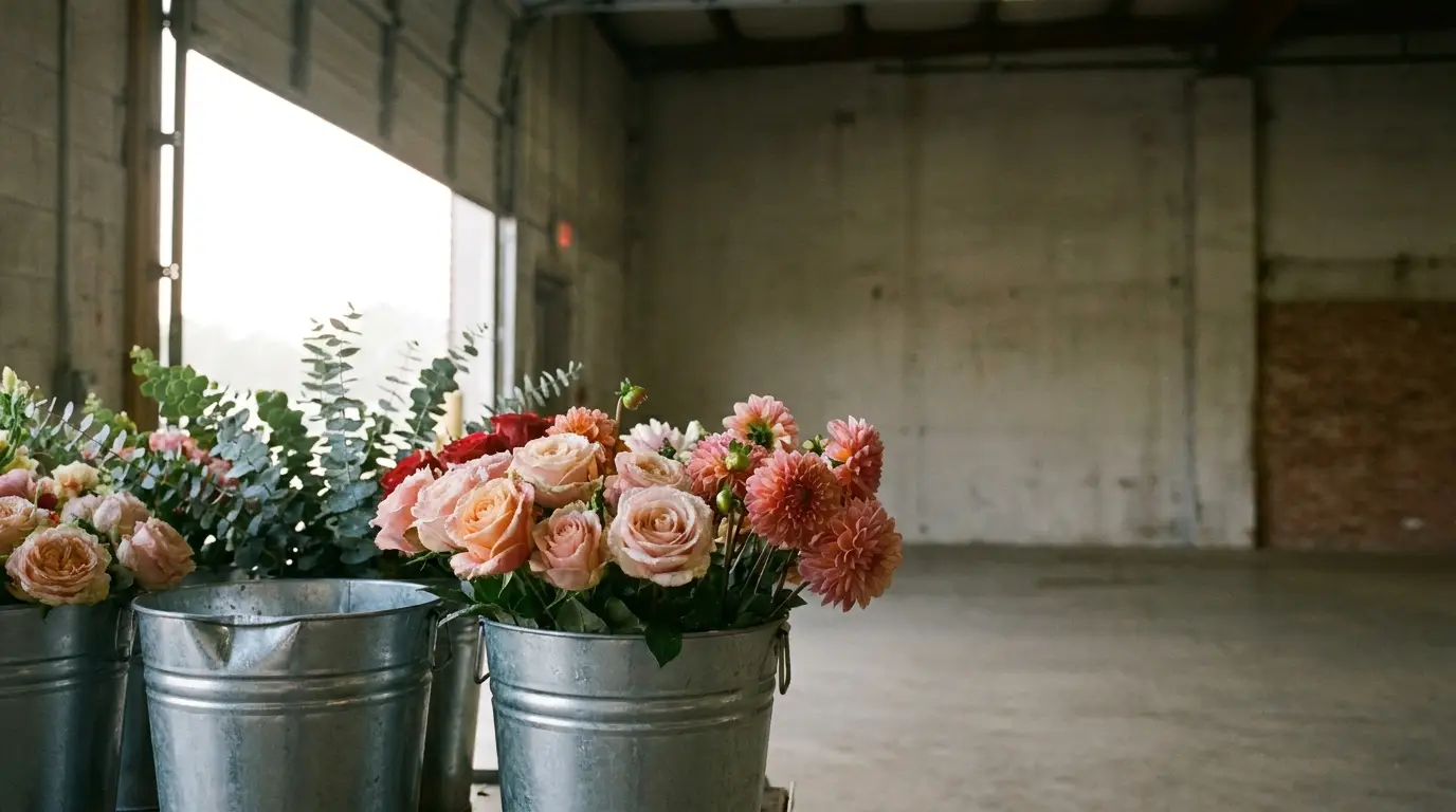 Buckets of assorted flowers in an industrial space with concrete walls