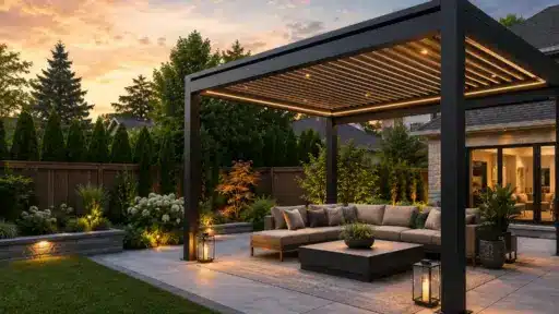 Modern outdoor patio with cozy seating area under pergola at sunset, surrounded by garden landscaping