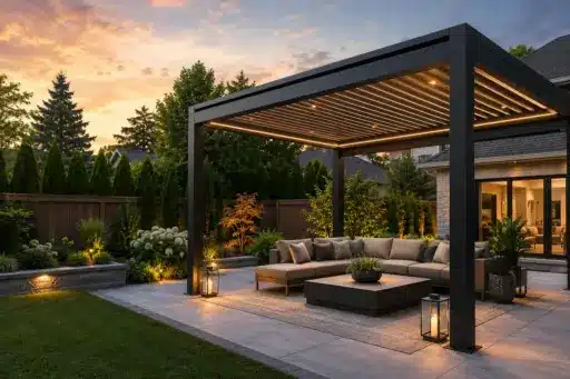 Modern outdoor patio with cozy seating area under pergola at sunset, surrounded by garden landscaping