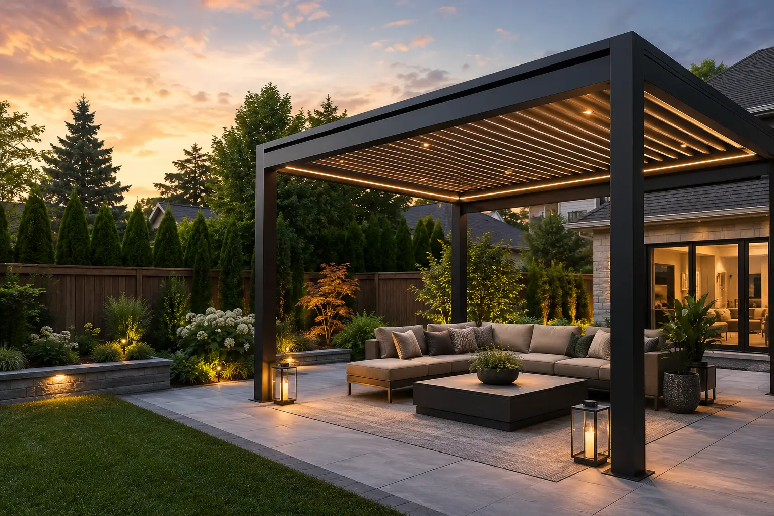 Modern outdoor patio with cozy seating area under pergola at sunset, surrounded by garden landscaping