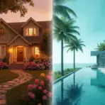 Quaint cottage with garden on left and modern beachfront villa with pool on right