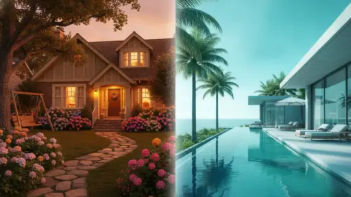 Quaint cottage with garden on left and modern beachfront villa with pool on right