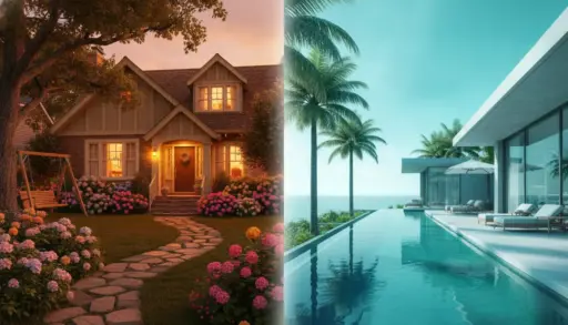 Quaint cottage with garden on left and modern beachfront villa with pool on right