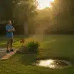 Man standing on stone patio in sunlit garden with trees and reflective water puddle nearby