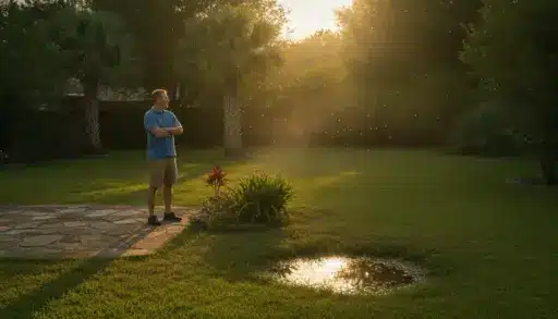 Man standing on stone patio in sunlit garden with trees and reflective water puddle nearby