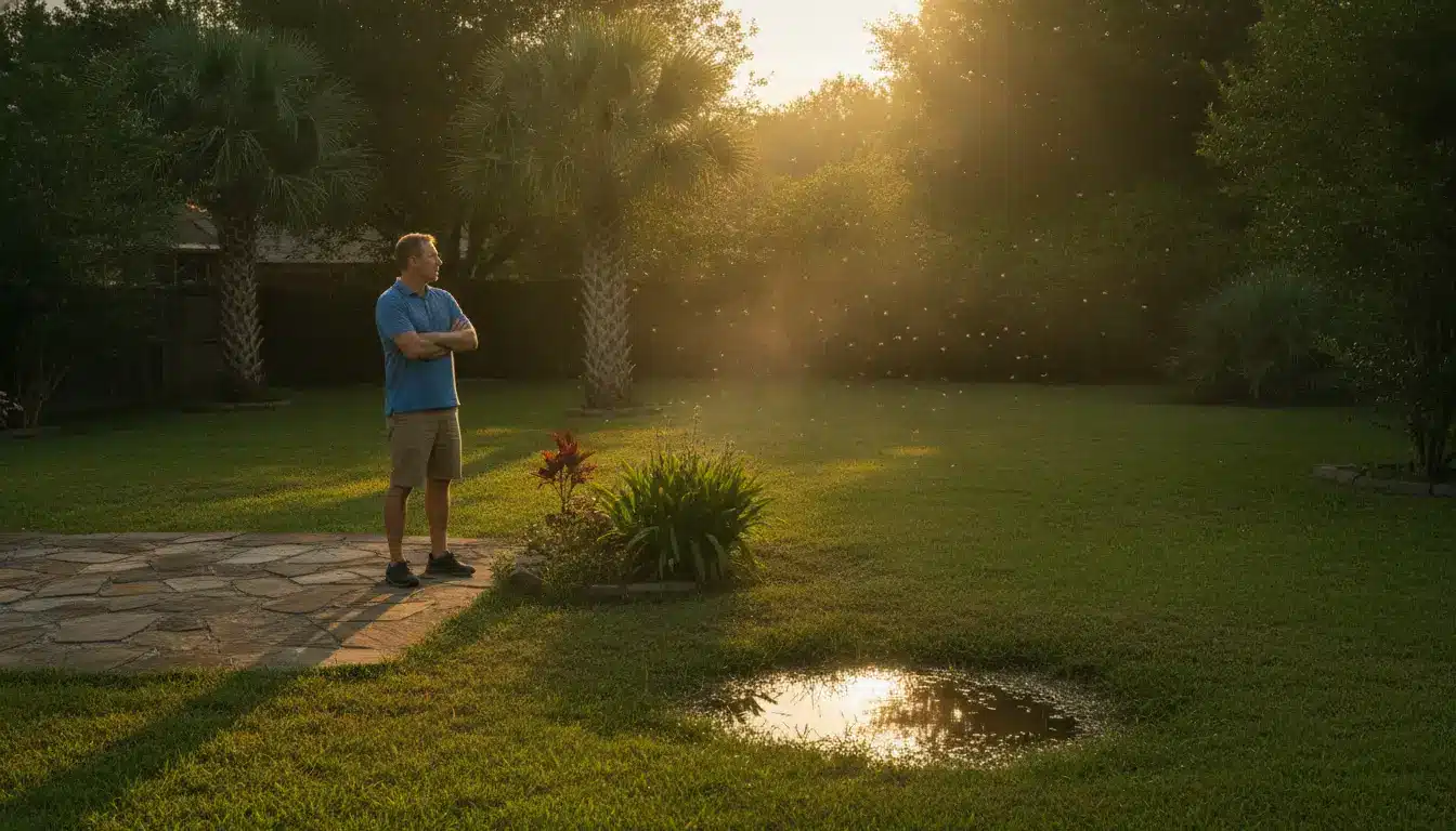 Man standing on stone patio in sunlit garden with trees and reflective water puddle nearby