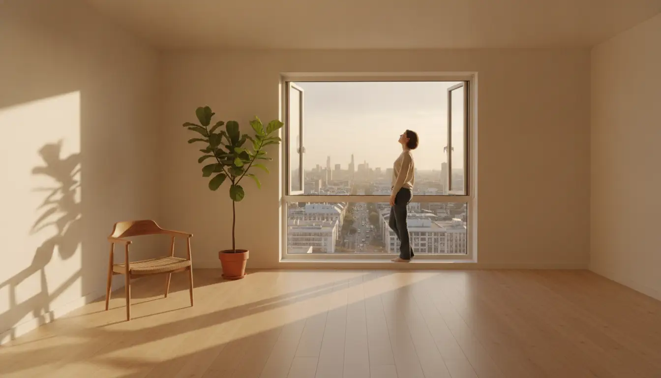Person standing at an open window in a minimalist room with wooden flooring
