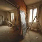 Renovation scene with ladder and construction materials in partially finished room with exposed brick walls