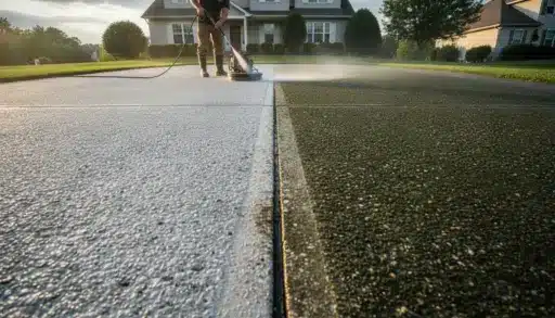 Worker pressure washing a driveway in front of a suburban house at sunrise