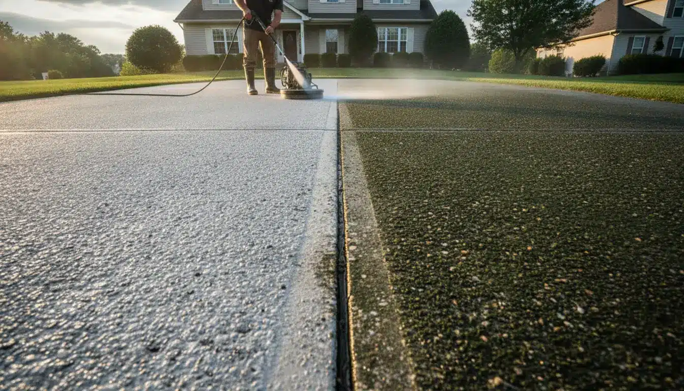Worker pressure washing a driveway in front of a suburban house at sunrise