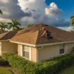 Roofer wearing helmet inspecting shingles on suburban house roof surrounded by palm trees