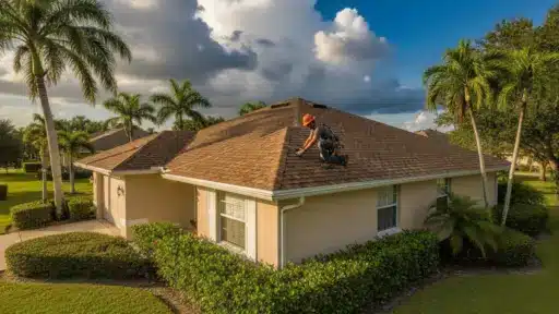 Roofer wearing helmet inspecting shingles on suburban house roof surrounded by palm trees